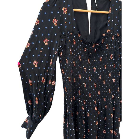 Free‎ People Two Faces Smocked Printed Mini Dress Black Combo Size Large - Picture 8 of 12